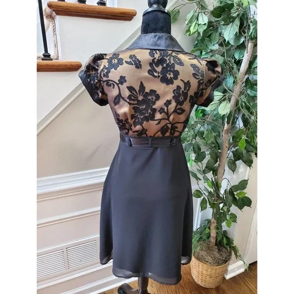 Black Floral Women's Polyester Collared Short Sleeve Knee Length Partywear Dress - Picture 9 of 10